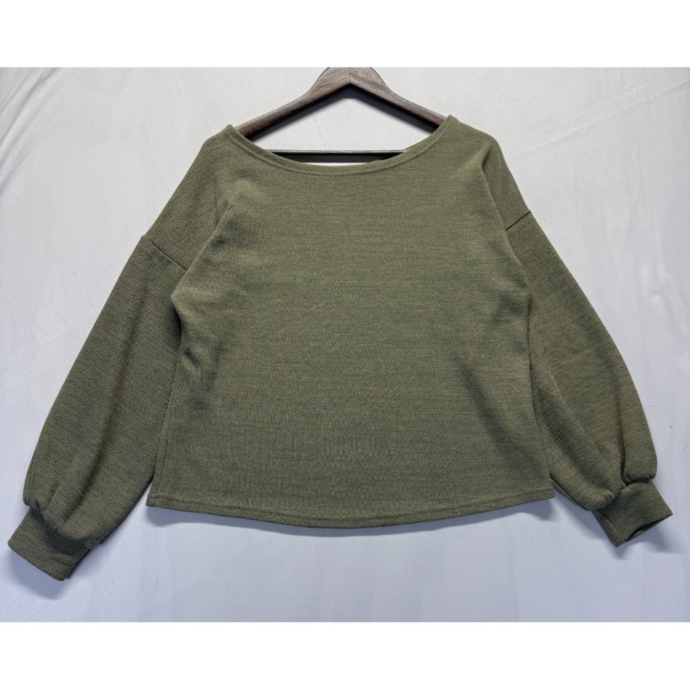 Grace+Emma Sweater Womens Medium Olive Green Boat Neck Drop Shoulder Tight Knit